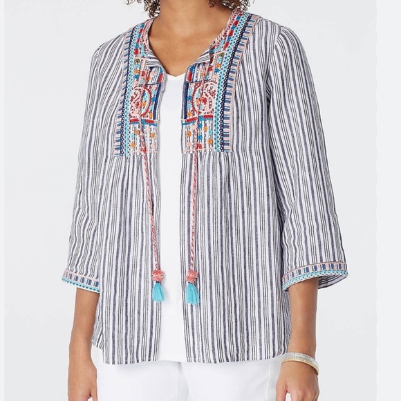 J. JILL Love Linen Striped Embroidered Lightweight Jacket Cardigan Small NWOT - Picture 1 of 9